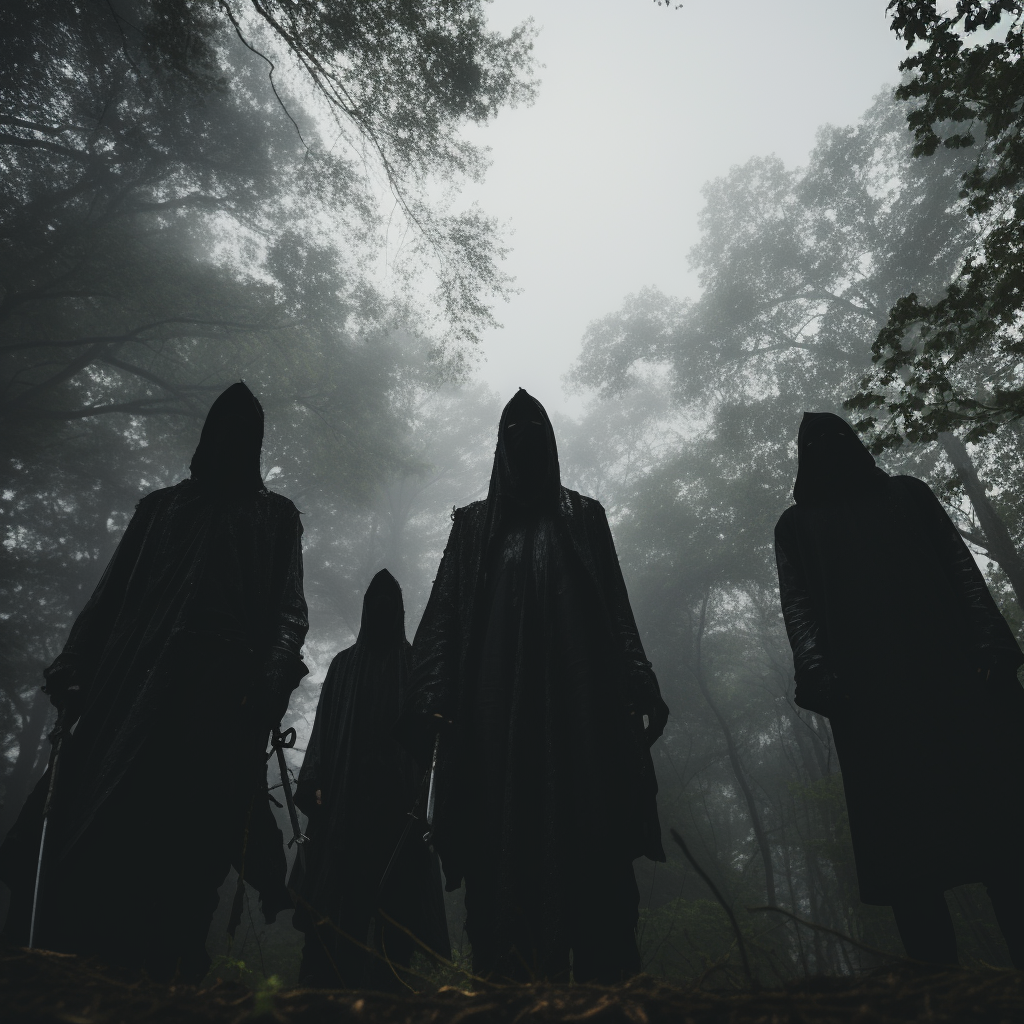 pov looking up into a group of sinister looking darkrobed thugs wearing featureless facemasks and wielding wands and daggers in a forest, fantasy style, ominous